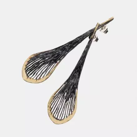 Darkened antique finish, elongated drop Silver Mesh Earrings bordered with 18k Gold Leaves