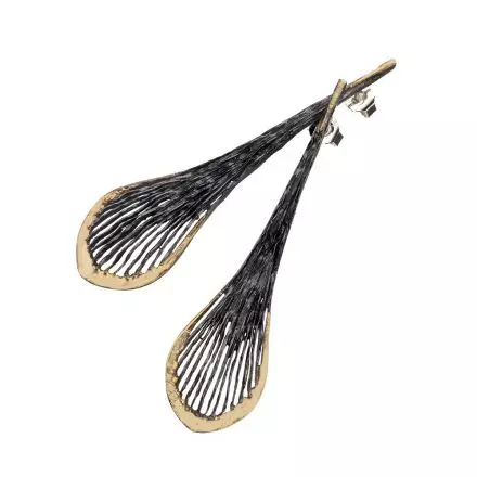 Darkened Antique Finish Silver Drop Earrings bordered with 18k Gold Leaves
