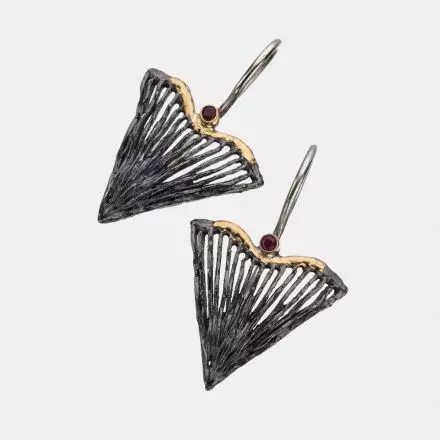 Darkened antique finish Silver Triangular Heart Earrings accented with 18k Gold Leaves and Rubies