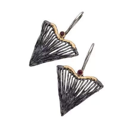 Darkened Antique Finish Silver Hook Earrings Triangular with 18k Gold and Rubies