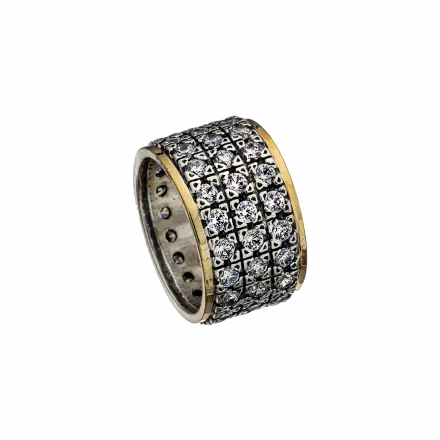 טבעת כסף רחבה בשילוב זהב 9 קראט משובצת זרקונים 