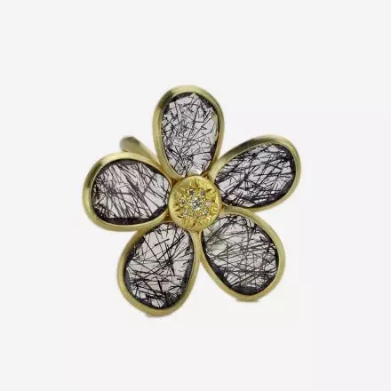 טבעת זהב 14 קראט פרח רוטיל שחור ויהלומים 