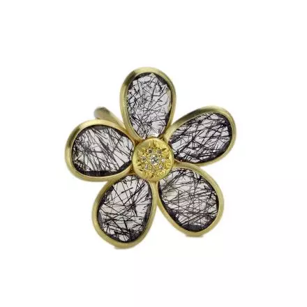 טבעת זהב 14 קראט פרח רוטיל שחור ויהלומים 0.055ct