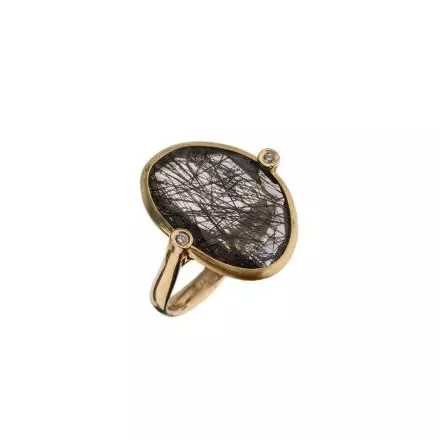 טבעת זהב 14קראט משובצת אבן רוטיל קוורץ שחורה ויהלומים 0.04CT