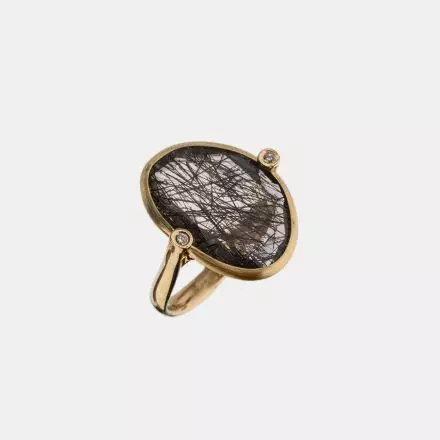 טבעת זהב 14קראט משובצת אבן רוטיל קוורץ שחורה ויהלומים 0.04CT
