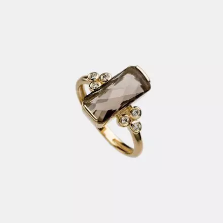 טבעת זהב 14 קראט אבן סמוקי קוורץ ויהלומים 0.09Ct