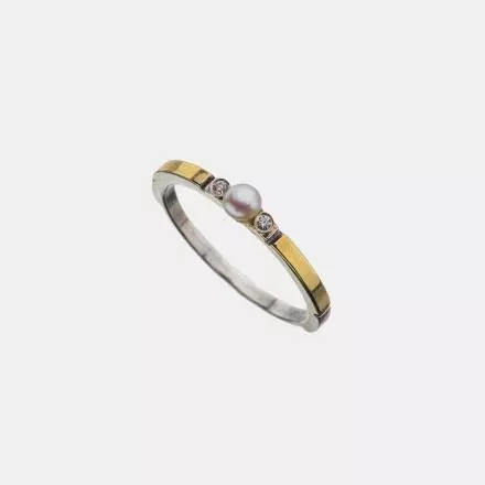 Thin Silver Ring wrapped in 9k Gold and set with Pearl and Zircons