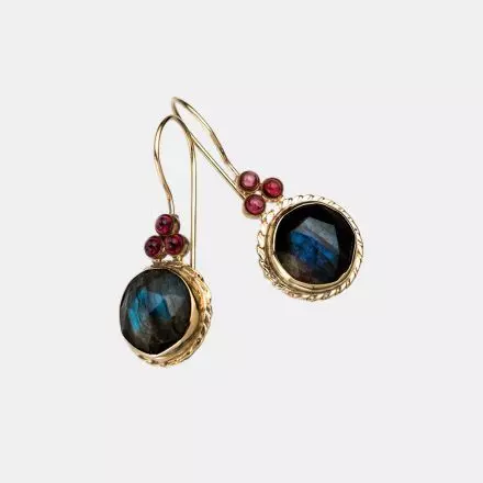 9K Gold and Silver Earring with Garnets and Labradorite