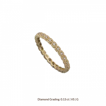 טבעת זהב צהוב 14 קראט, ריבועים, משובצת סביב 26 יהלומים 0.13CT