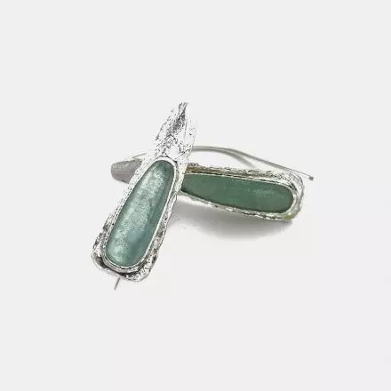 Elongated Rectangle Silver Earrings set with Roman Glass coated with Green Patina