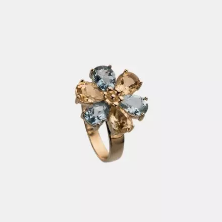 טבעת פרח זהב 14 קראט בלו טופז וסיטרין