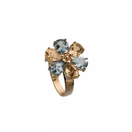 טבעת פרח זהב 14 קראט בלו טופז וסיטרין