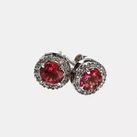 9k White Gold Earrings with Center Pink Tourmaline surrounded by Diamonds 0.12ct