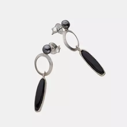 Silver Earrings with darkened antique finish dome stud joined to a silver hoop with a unique dangling onyx stone in a silver setting