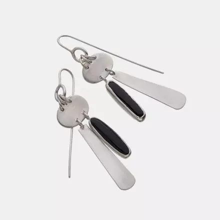 Oval frosted Silver Earrings with dangling rounded silver rectangle and long onyx stone in a silver setting