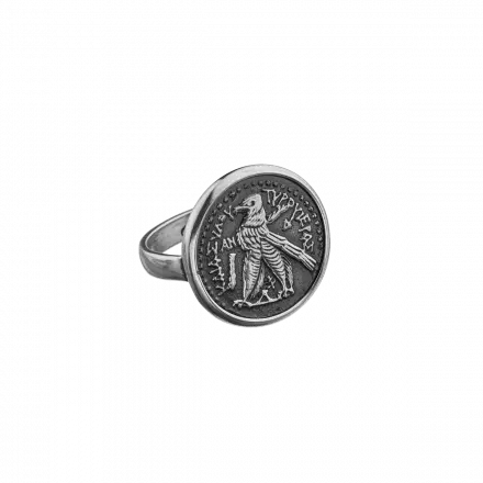 טבעת כסף משובצת רפליקת מטבע רומי עתיק
