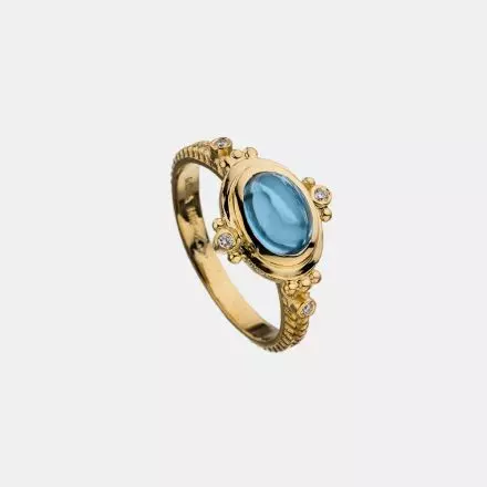 טבעת זהב 14 קראט, ויקטוריאנית, משובצת אבן סוויס בלו טופז ויהלומים 0.04CT