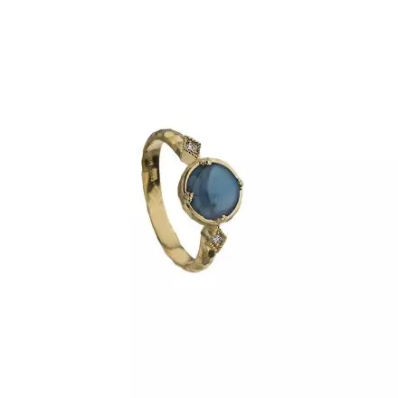טבעת זהב 14 קראט בשיבוץ לונדון בלו טופז ויהלומים 0.04CT