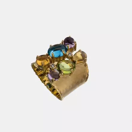 טבעת רחבה זהב 14 קראט בשיבוץ אבני חן טבעיות ויהלומים 0.06CT