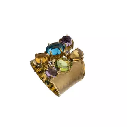 טבעת רחבה זהב 14 קראט בשיבוץ אבני חן טבעיות ויהלומים 0.06CT