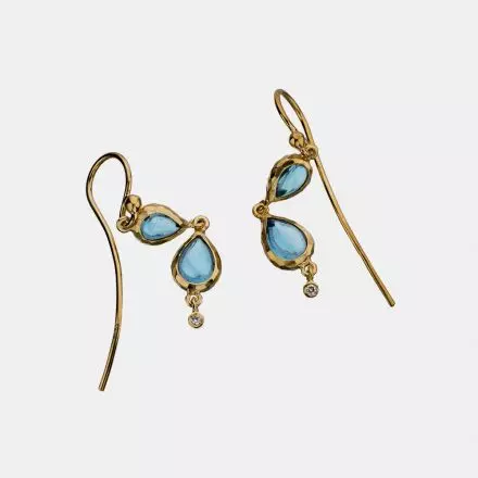 14k Gold Hook Earrings with Swiss Blue Topaz and Diamonds 0.02ct