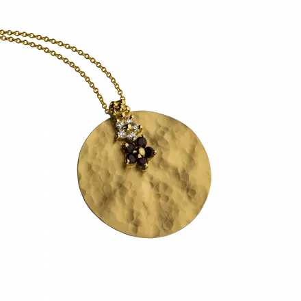 שרשרת זהב 14 קראט דיסקית רקועה שיבוץ פרח גרנט ויהלומים 10 נקודות