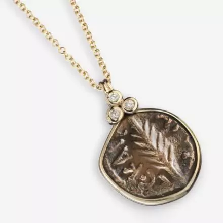 שרשרת זהב 14 קראט בשיבוץ מטבע עתיק פורקיוס פסטוס ויהלומים