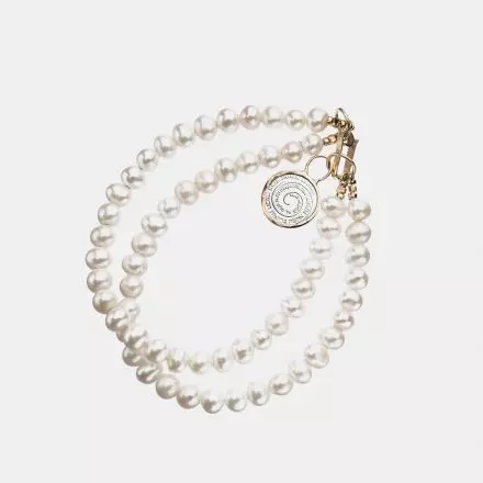 Multi Layered Pearl Bracelet with "Wheel of Blessings" Silver Medal Pendant in 9k Gold Setting