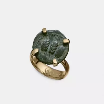 טבעת זהב 14K בשיבוץ מטבע עתיק אגריפס-שלושה שיבולים