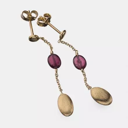 14k Gold Drop Earrings with Rhodolite and three-dimensional Gold element