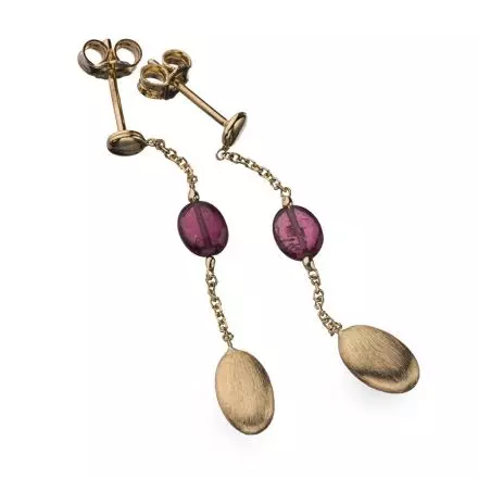 14k Gold Stud Earrings with dangling Gold Chain adorned with a Rhodolite Stone and three-dimensional gold element