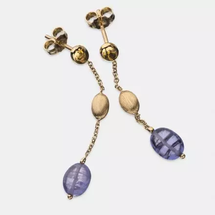 14k Gold Drop Earrings with Iolite Stone and three-dimensional gold element