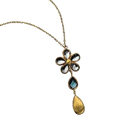 שרשרת זהב 14 קראט תליון פרח משובץ באבן בלו טופז