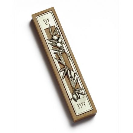 Israeli gifts, Olive - Wooden Mezuzah Case with Silver Plated Decoration