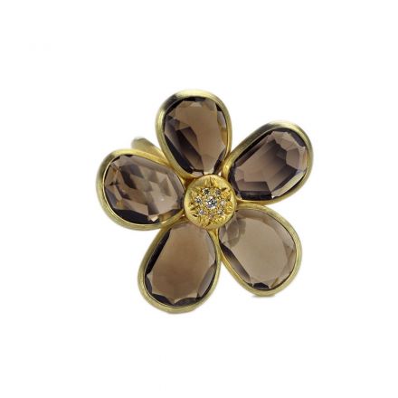 טבעת פרח זהב 14 קראט בשילוב אבני סמוקי ויהלומים 0.055ct
