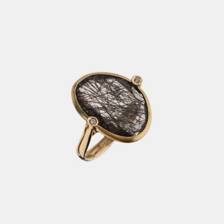 טבעת זהב 14קראט משובצת אבן רוטיל קוורץ שחורה ויהלומים 0.04CT