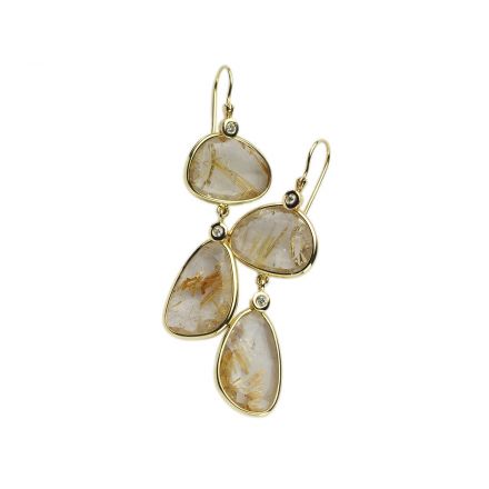 עגילי זהב 14 קראט, שתי אבני "פולקי"רוטיל קוורץ זהובות,  בינהן יהלומים 0.08CT