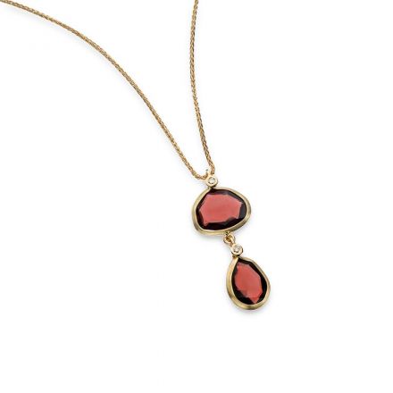 שרשרת זהב 14 קראט תליון 2 אבני גרנט וביניהן יהלומים