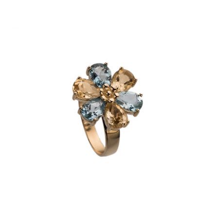 טבעת פרח זהב 14 קראט בלו טופז וסיטרין