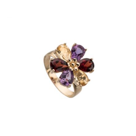 טבעת פרח זהב 14 קראט בשילוב אבני סיטרין, גרנט ואמטיסט