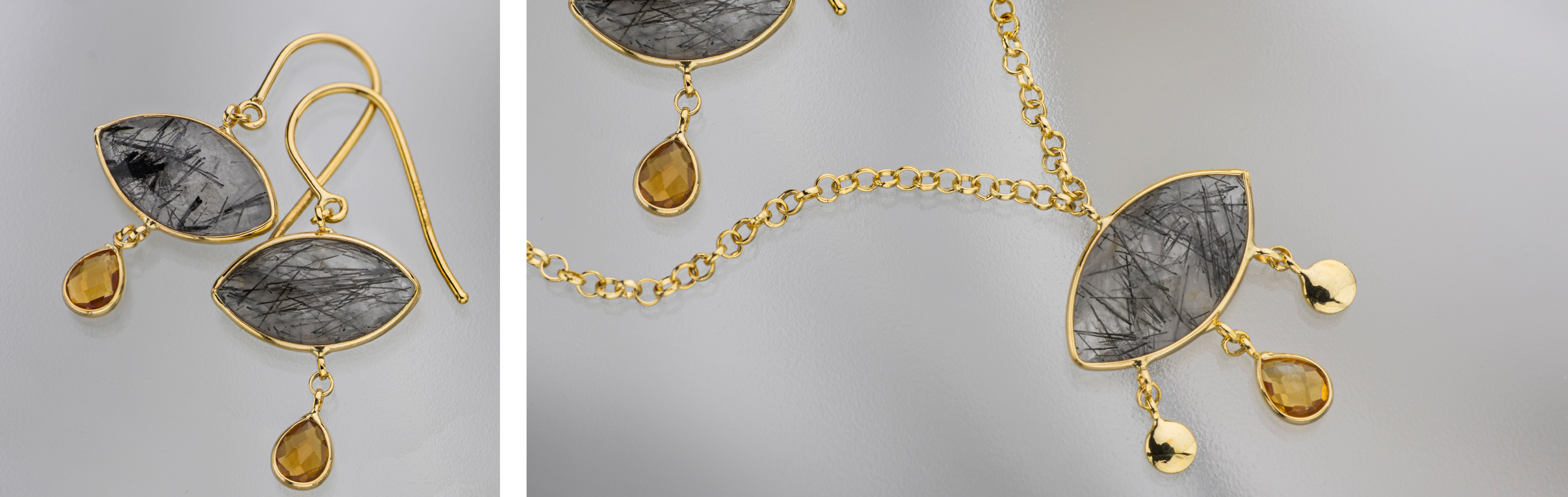 קולקציית קליאופטרה - תכשיטי זהב 14 קראט בשילוב אבני רוטיל קוורץ, סיטרין