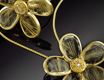 קולקציית פרח מוזהב - תכשיטי זהב 14 קראט ואבני רוטיל קוורץ ויהלום