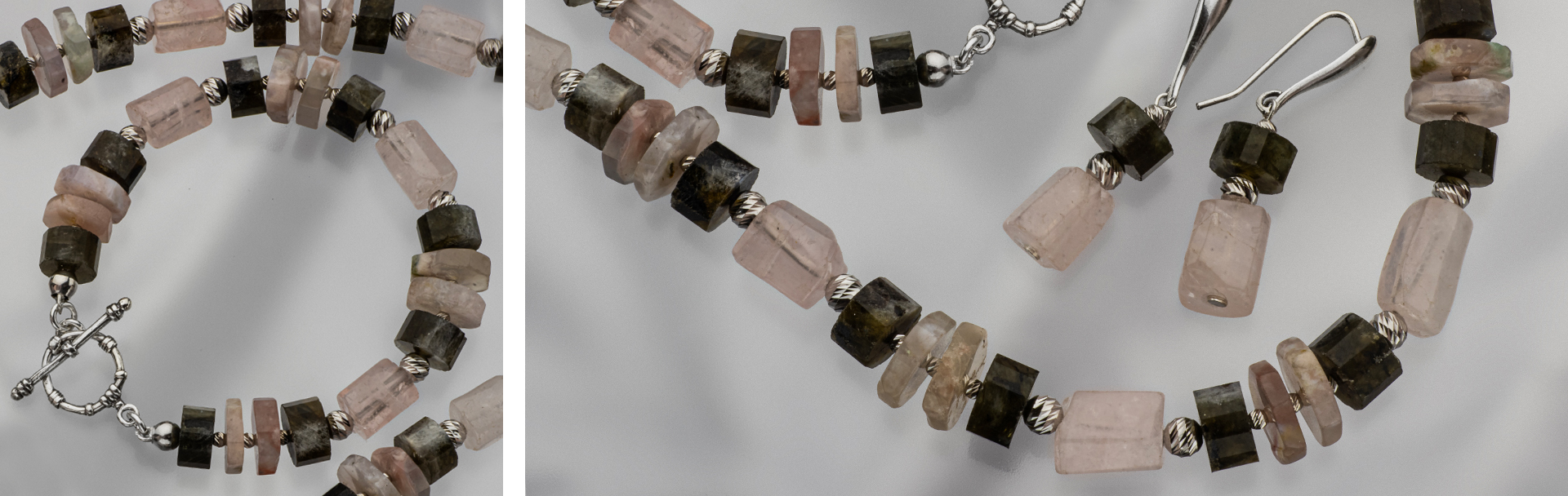 תכשיטי כסף 925 בשילוב אבני לברדורייט ורוז קוורץ